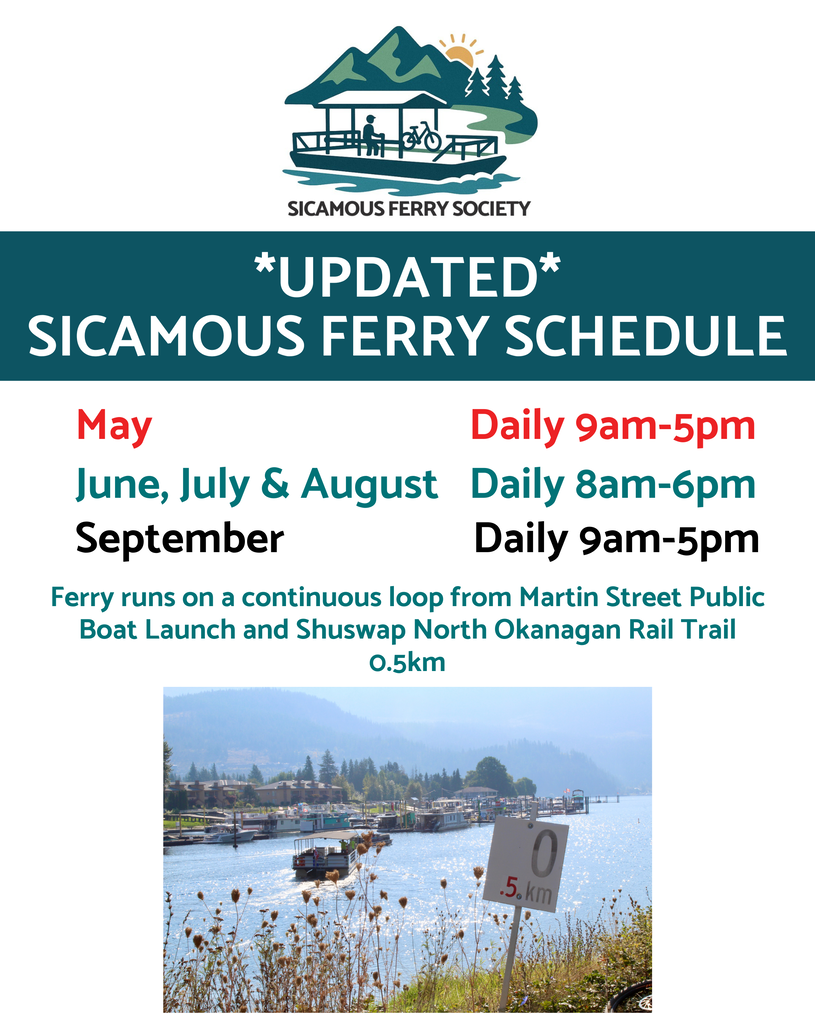 Free pedestrian ferry to Shuswap North Okanagan Rail Trail in Sicamous, BC
